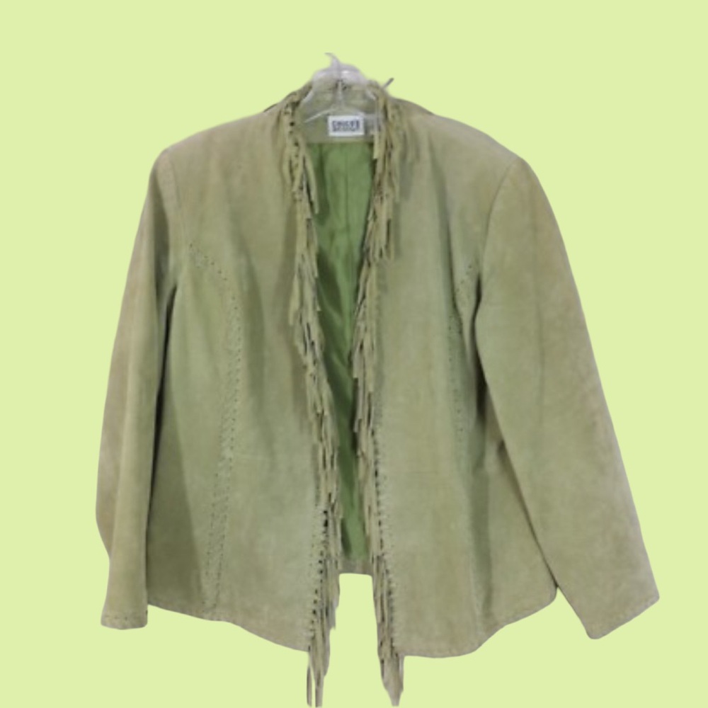 CHICOS DESIGN Jacket Suede DALLAS Sage Green Leather Whip Stitched Fringe
Sz 1